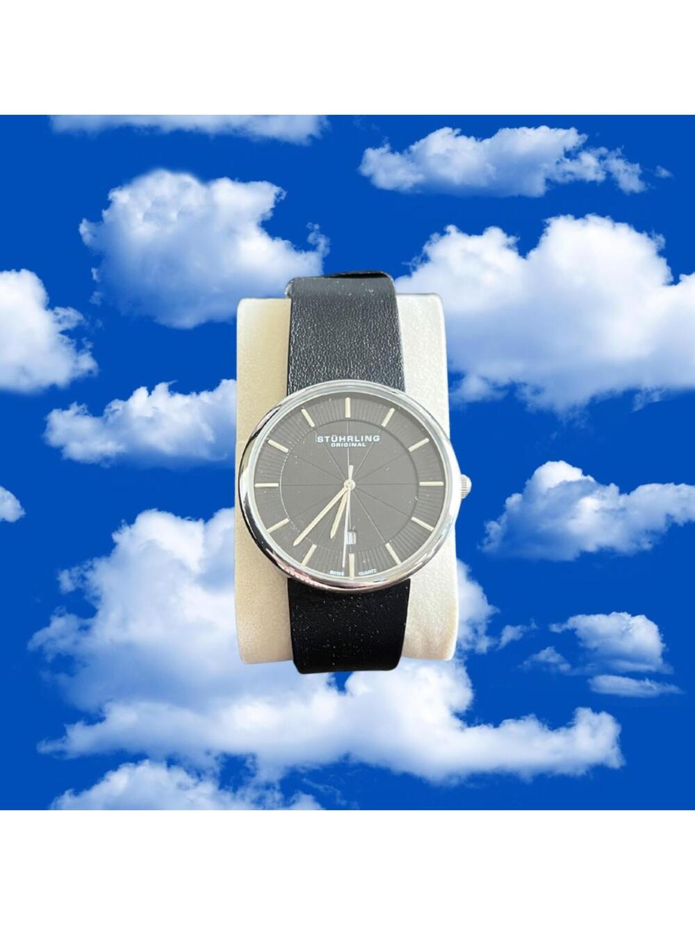Stuhrling Original Black Strap Analog Wristwatch Silver Tone Case Grey Dial